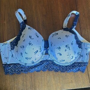 Floral Blue Lace Trim Bra 44c